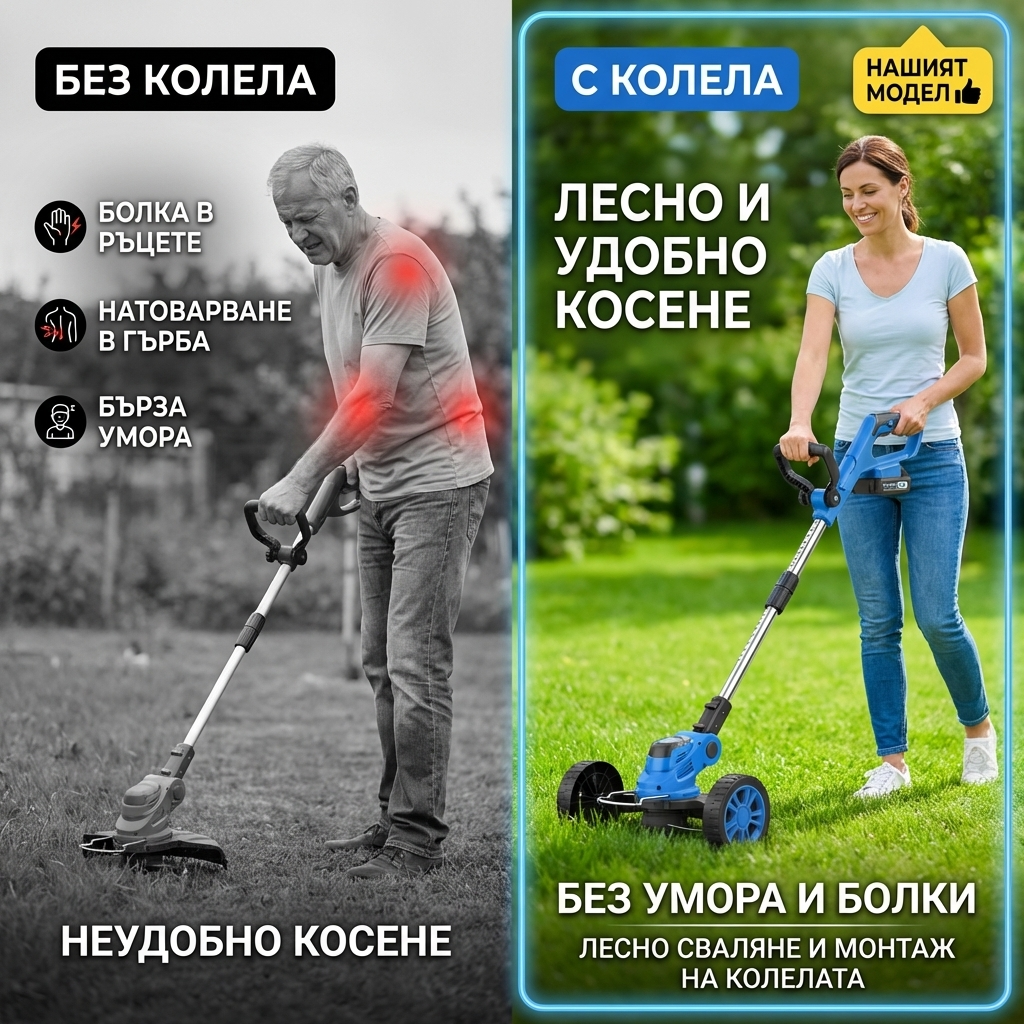 Акумулаторен тример за трева с колелца и 8 подаръка 36V 8A с телескопична дръжка