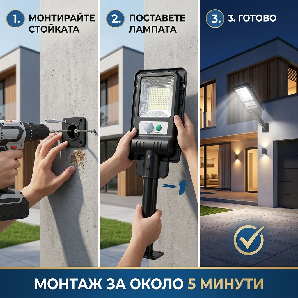Соларна LED Лампа със Сензор за Движение 1200W | Без Кабели и Без Разход за Ток
