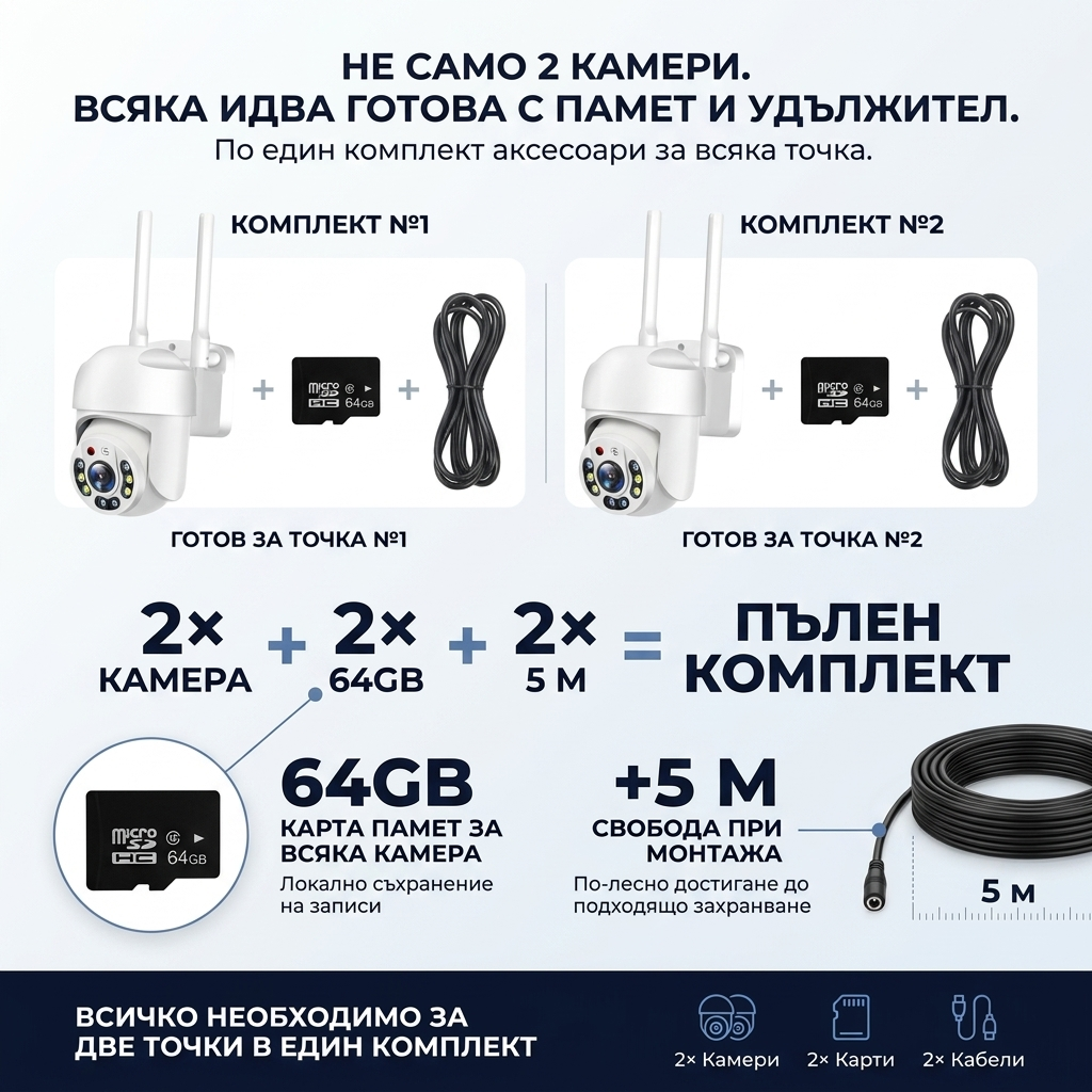 2× Камери 5MPX + 2×64GB + 2×5м Кабела – Пълен Комплект за Видеонаблюдение