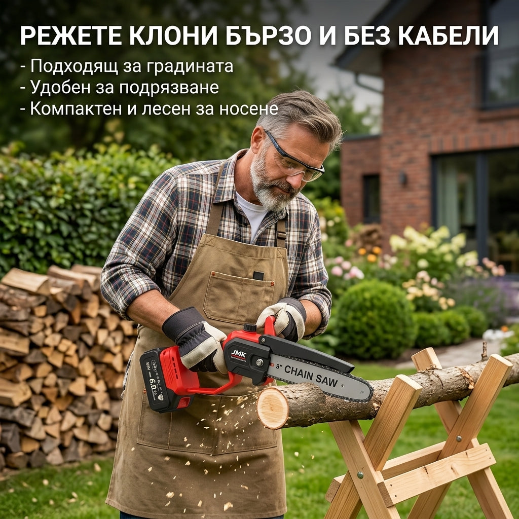 Мощен акумулаторен мини трион JMK 8″ – автоматично смазване, 2 батерии и здрав куфар