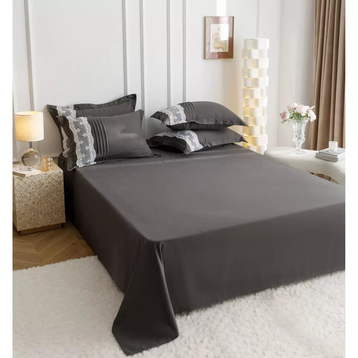 Луксозен спален комплект с бродерия от 6 части – Тъмносив