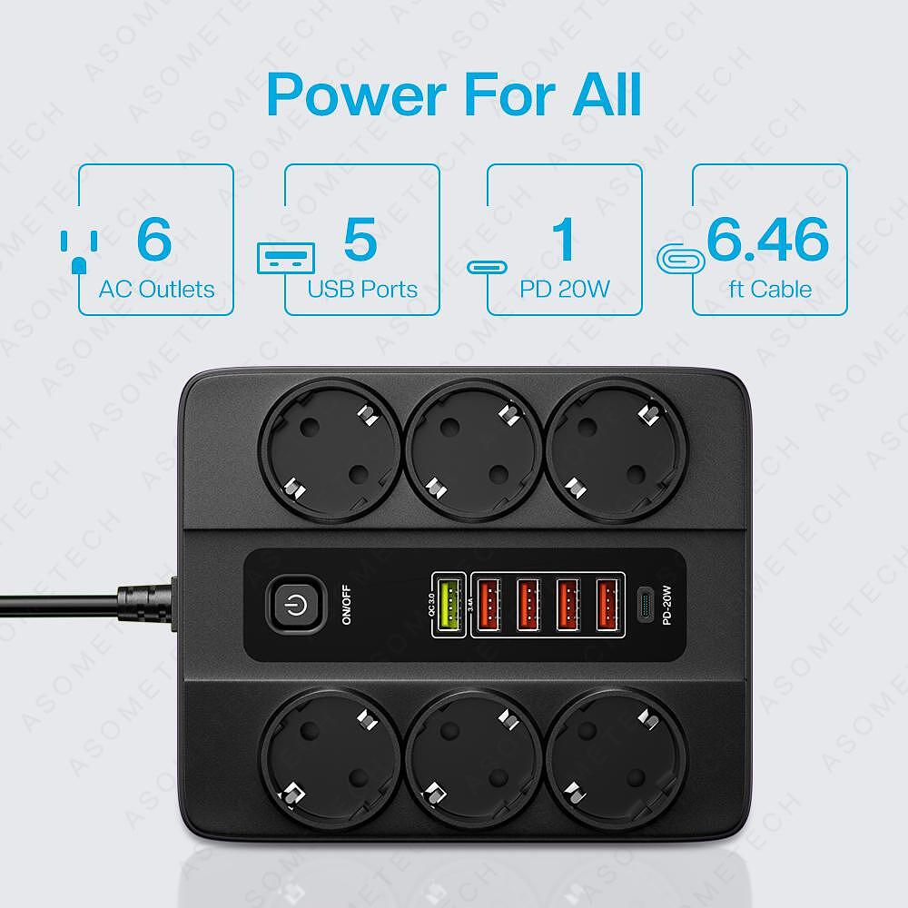 Универсален разклонител с 6 гнезда,3.4А, 5 USB порта и 1 Type-C портала, 3000W, Power Socket QC3.0. - Oferti4ka.com