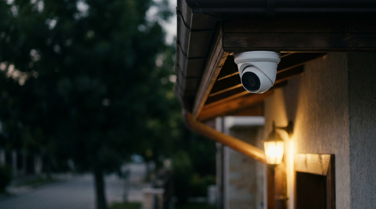 WiFi охранителна камера, монтирана под стряхата на къща привечер