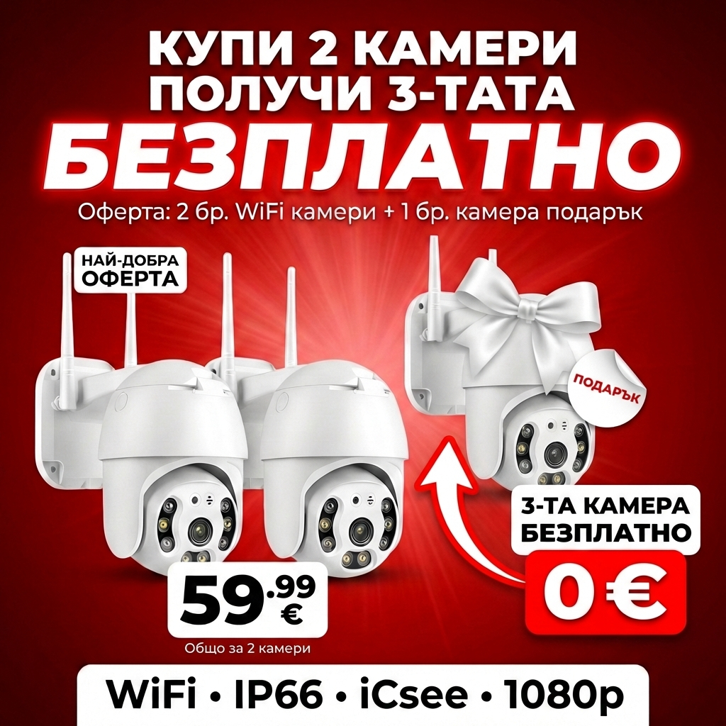 2бр. IP въртяща безжична камера 5MPX + 2бр. SD карта 64gb iCsee + ПОДАРЪК