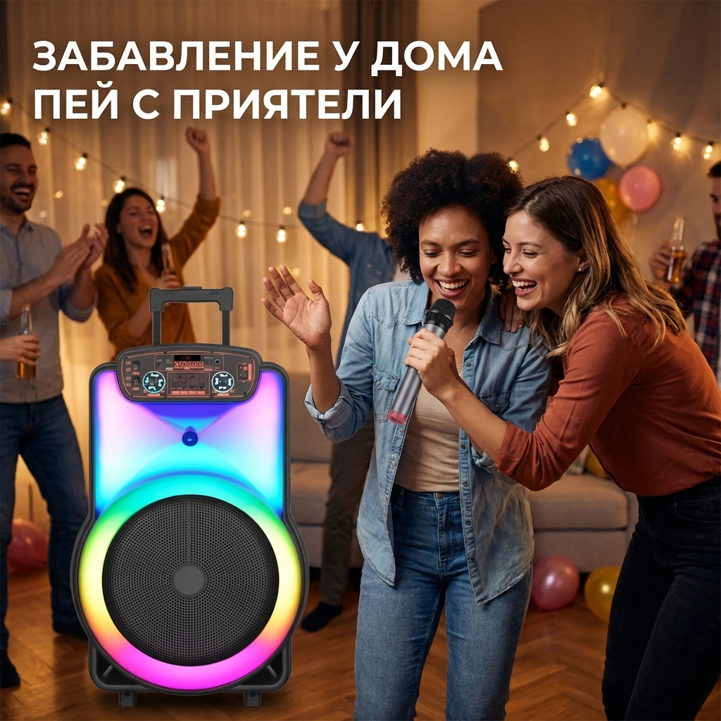Караоке тонколона с Bluetooth и цветомузика BT-1218 12'' и два безжични микрофона