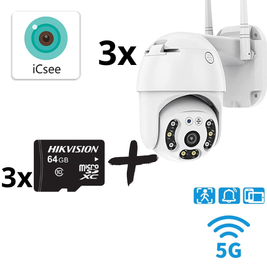 3бр. IP въртяща безжична камера Privine 5MPX- 4+4LED + 3бр. SD карта 64gb iCsee - Oferti4ka.com