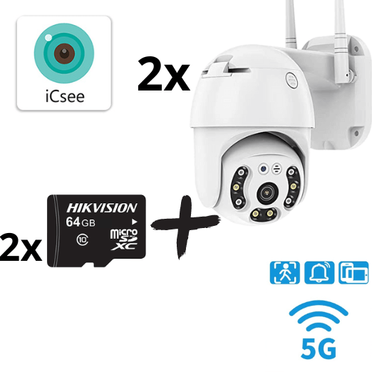 2бр. IP въртяща безжична камера Privine 5MPX- 4+4LED + 2бр. SD карта 64gb iCsee - Oferti4ka.com