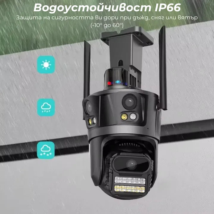 Тройна Външна WiFi Камера P12 с три екрана 36MP, ICSee, Тъмно Сива