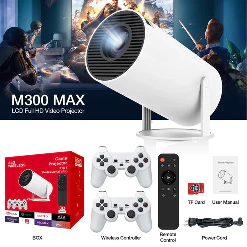 Смарт проектор и игрова конзола М300Max с 30 000 вградени игри - Андроид 11, до 130инча