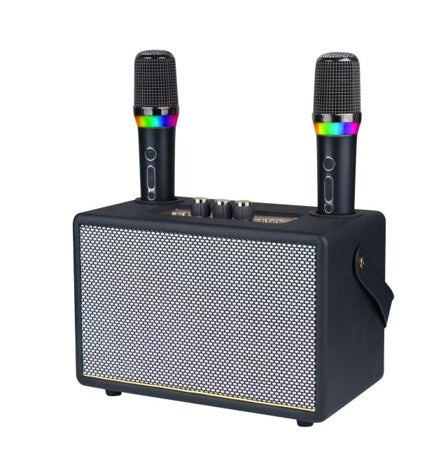 Безжична тонколона в ретро стил с два безжични микрофона