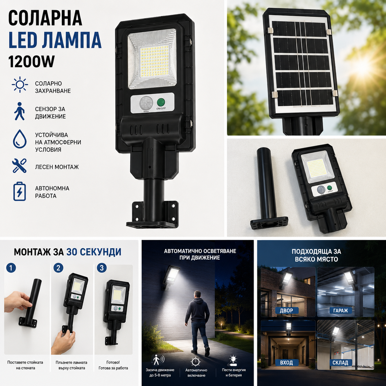 Соларна LED Лампа със Сензор за Движение 1200W | Без Кабели и Без Разход за Ток
