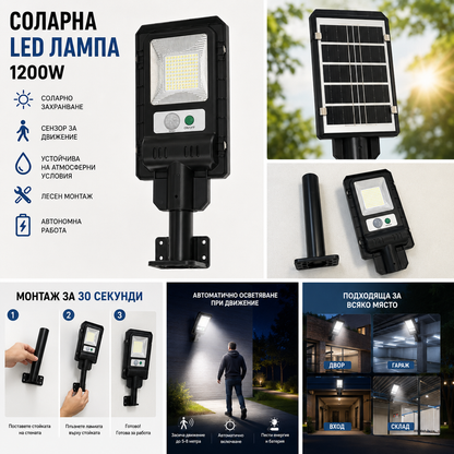 Соларна LED Лампа със Сензор за Движение 1200W | Без Кабели и Без Разход за Ток