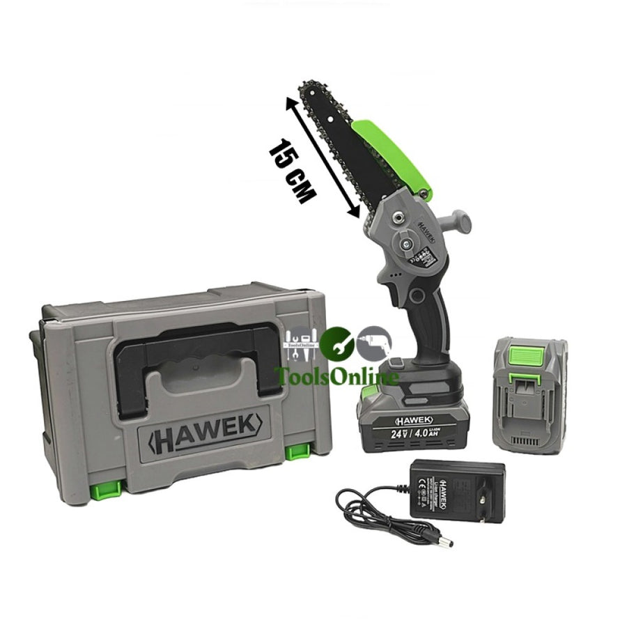 Акумулаторен мини верижен трион 24V 4Ah с 15 см шина HAWEK