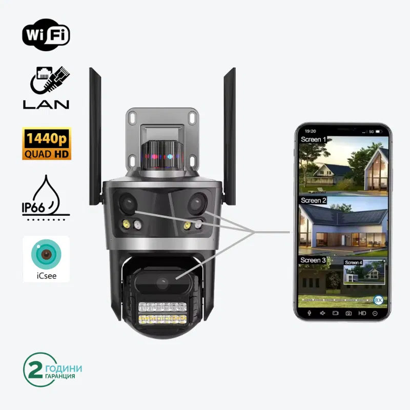 Тройна Външна WiFi Камера P12 с три екрана 36MP, ICSee, Тъмно Сива
