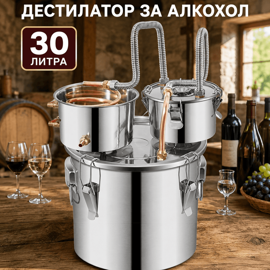Дестилатор 30кг, за алкохол, вода и етерични масла – казан за ракия