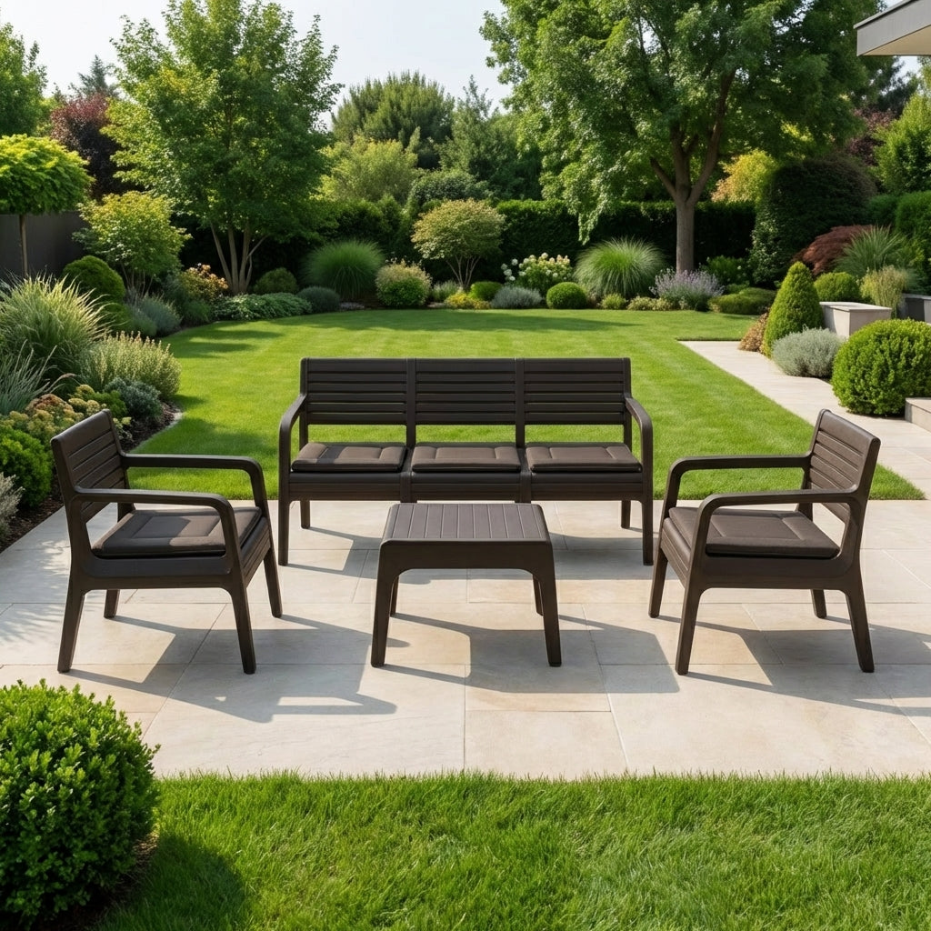 Градински комплект с възглавници (4 части) – Диван, 2 фотьойла и маса