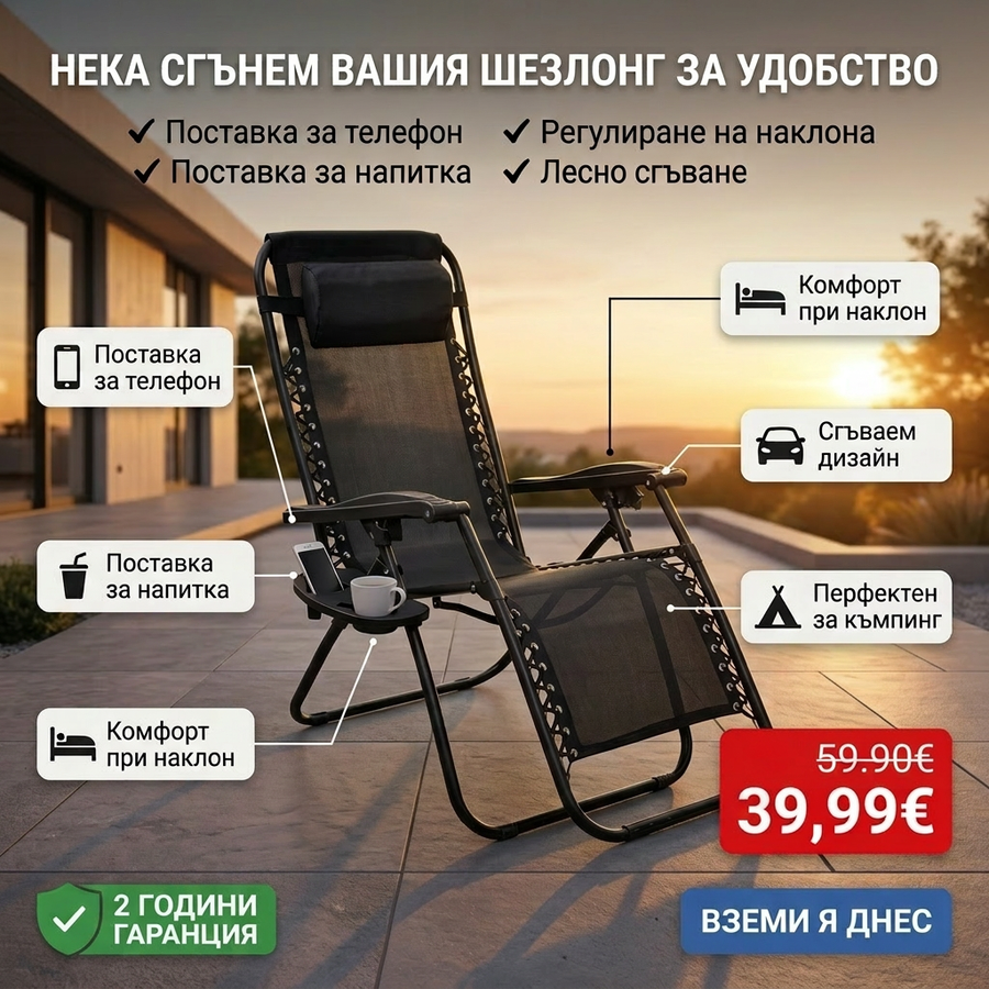Сгъваем Шезлонг Premium Relax™ – Вашето Любимо Място След Дългия Ден