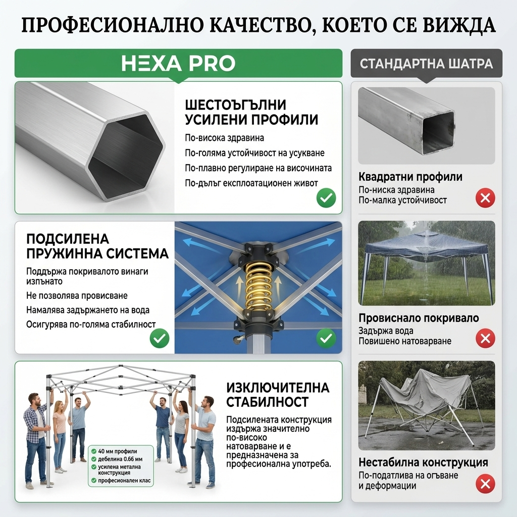 Градинска Шатра с 6-Стенен Метален Профил и Водоустойчиво Двойногумирано Покривало 900D