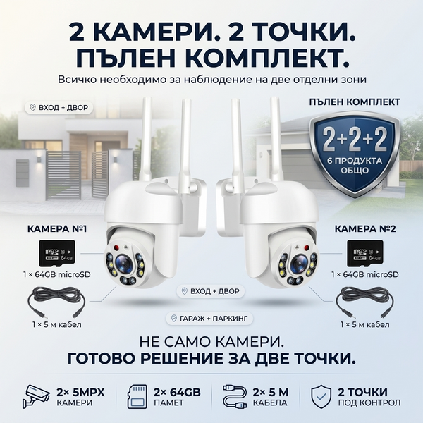 2× Камери 5MPX + 2×64GB + 2×5м Кабела – Пълен Комплект за Видеонаблюдение