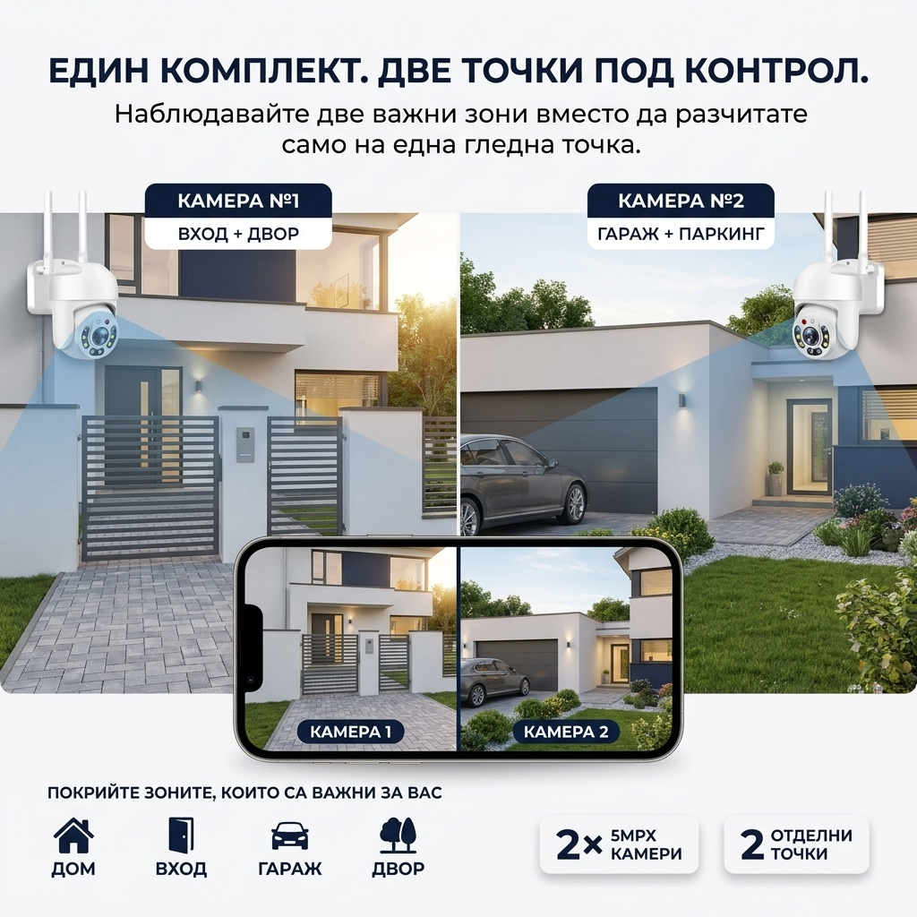 2× Камери 5MPX + 2×64GB + 2×5м Кабела – Пълен Комплект за Видеонаблюдение