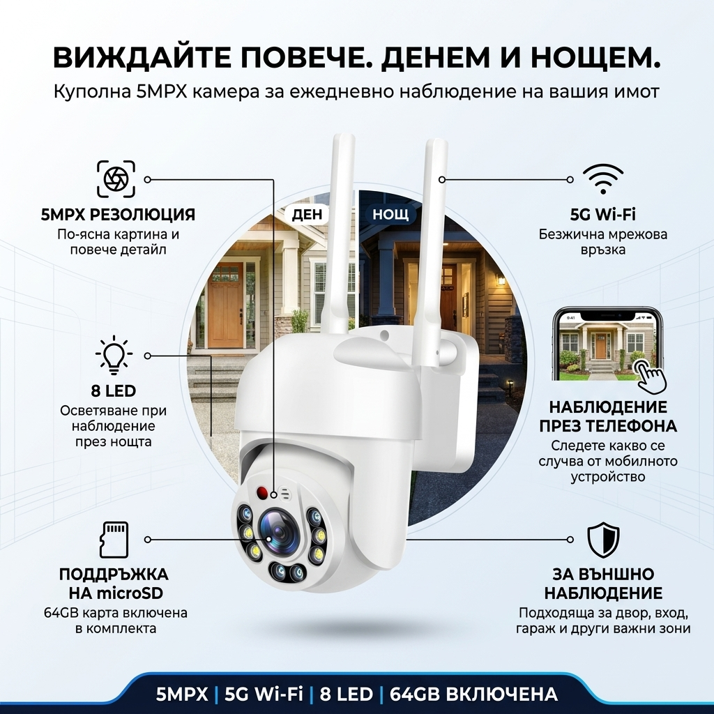 2× Камери 5MPX + 2×64GB + 2×5м Кабела – Пълен Комплект за Видеонаблюдение