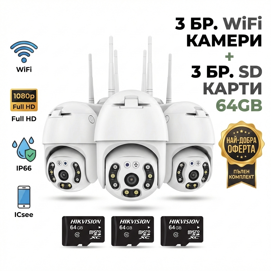 3бр. IP въртяща безжична камера Privine 5MPX- 4+4LED + 3бр. SD карта 64gb iCsee