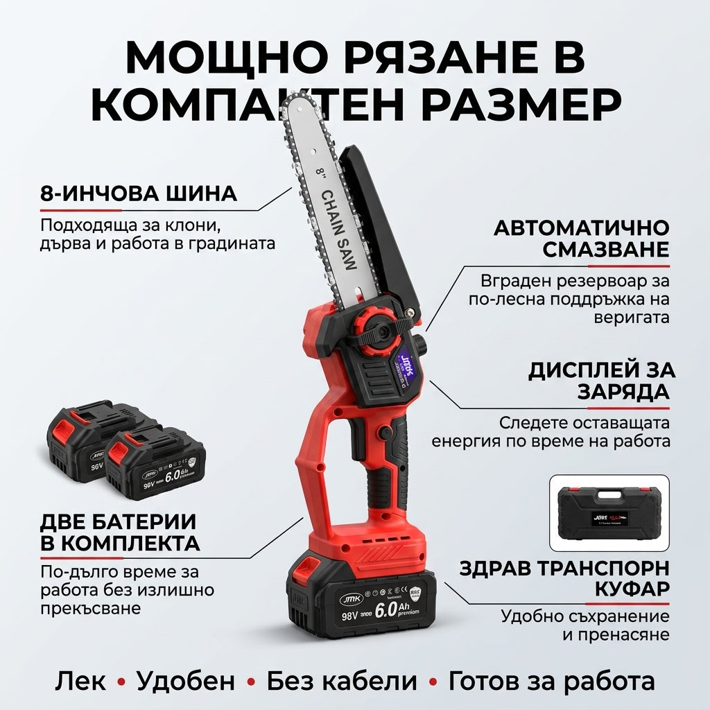 Мощен акумулаторен мини трион JMK 8″ – автоматично смазване, 2 батерии и здрав куфар