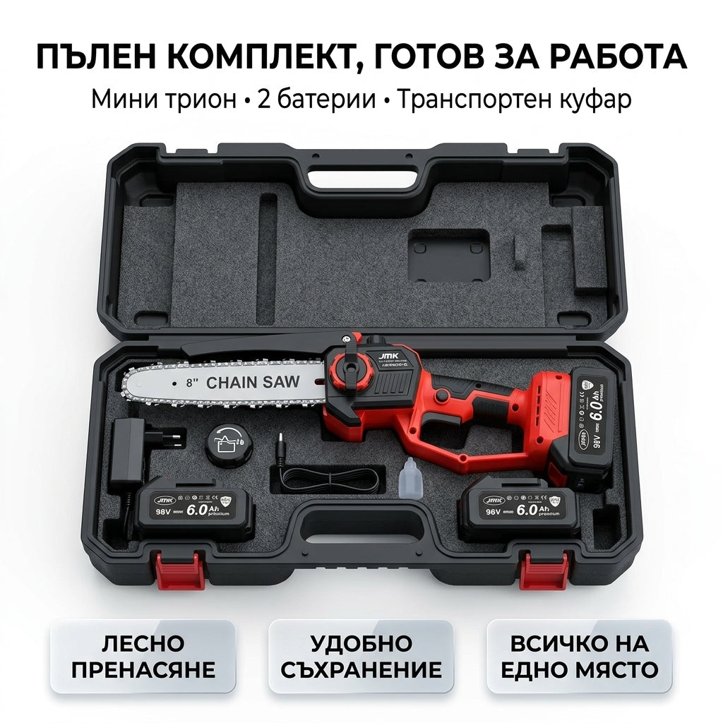 Мощен акумулаторен мини трион JMK 8″ – автоматично смазване, 2 батерии и здрав куфар