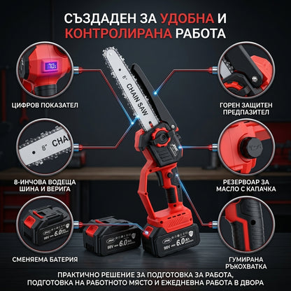 Мощен акумулаторен мини трион JMK 8″ – автоматично смазване, 2 батерии и здрав куфар