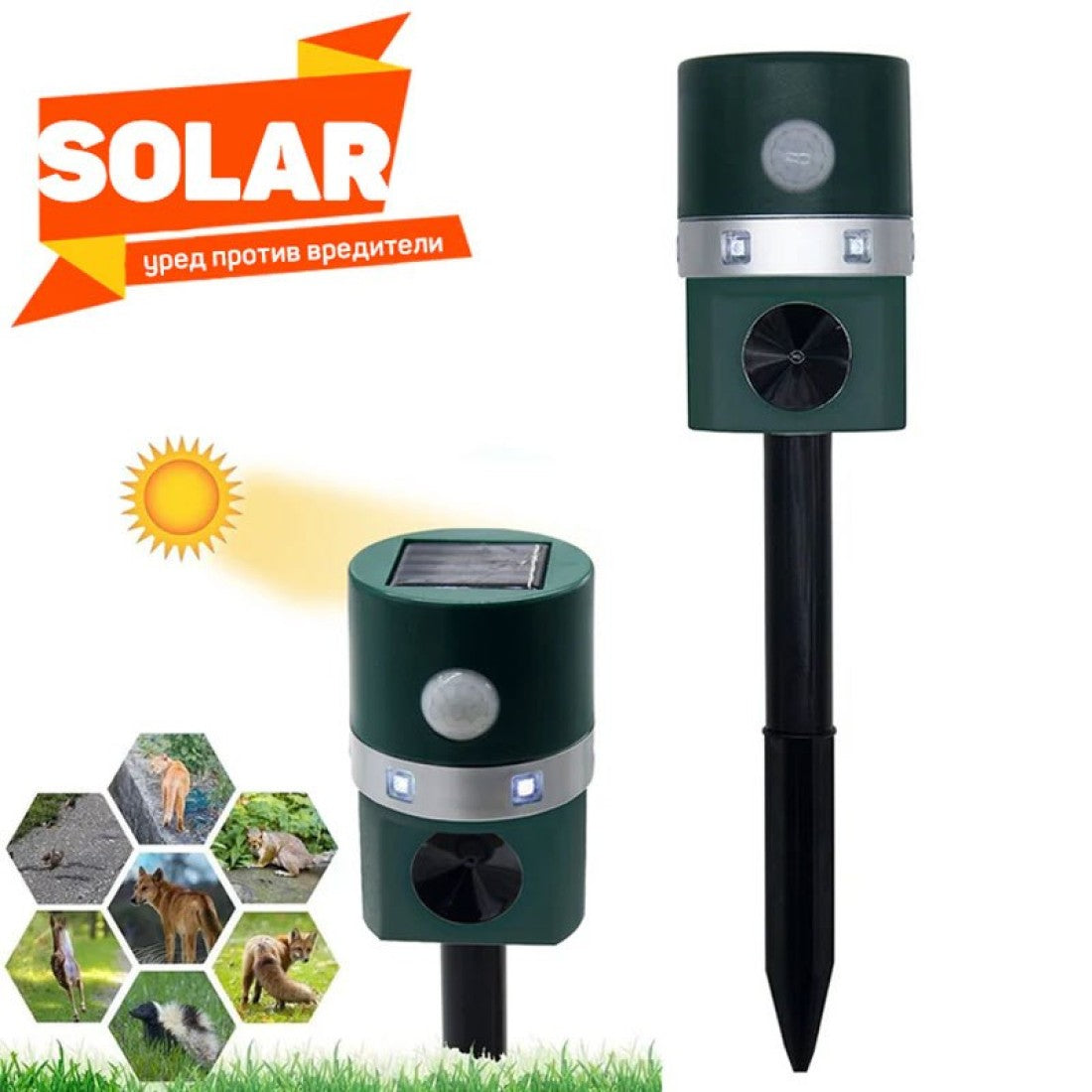 Соларен ултразвуков уред за прогонване на вредители – сензор за движение, 360° LED светлини