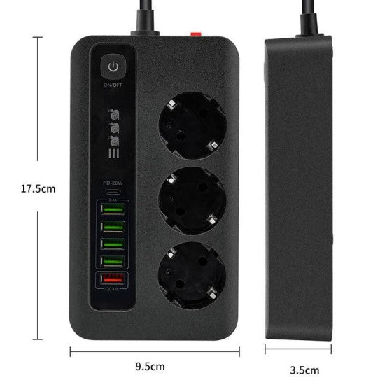 Разклонител с защита от претоварване, 3 AC изхода + 6 USB