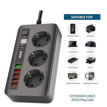 Разклонител 3 гнезда и 5 USB порта, FastCharge, С ключ, 3000W, 10А -таймер