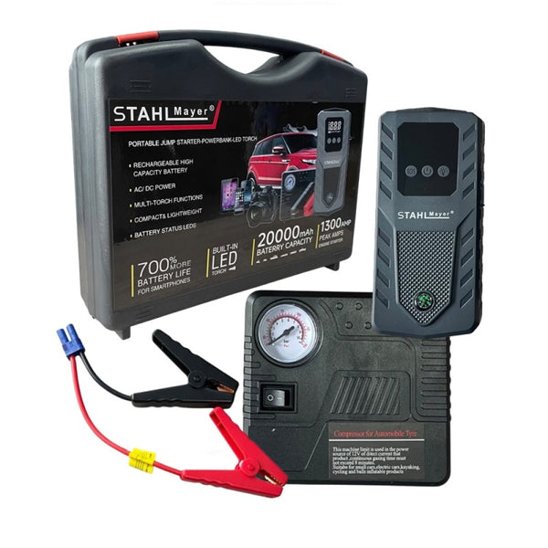 Комплект от мултифункционален автомобилен стартер и компресор - Jump Starter 20000mAh StahlMayer