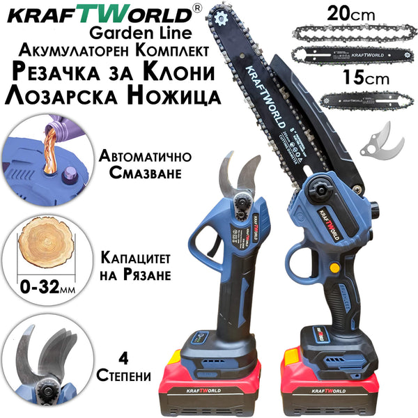 Професионален комплект KraftWorld – Лозарска ножица с 4 степени + Мини Резачка с Авто смазване