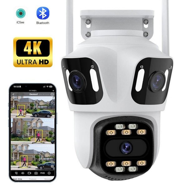 Външна WiFi Камера P15 с 3 обектива 15MP ICSee, Бяла