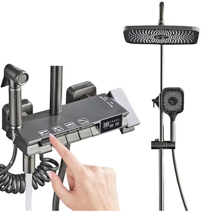 Комплект кран за душ AOVO, с дигитален дисплей, душ слушалка Rainfall, ръчен душ с 3 режима, 2-функционална струя за биде и кран за вана, сив
