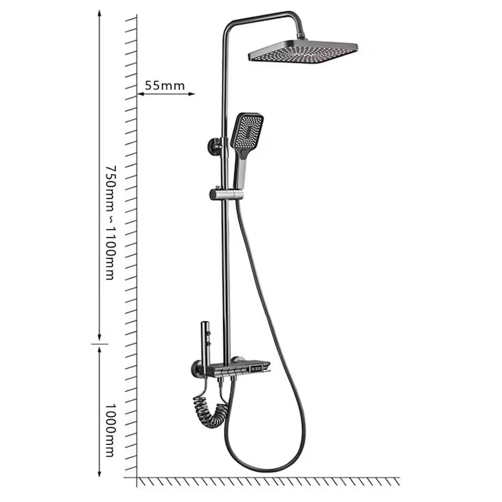 Комплект кран за душ AOVO, с дигитален дисплей, душ слушалка Rainfall, ръчен душ с 3 режима, 2-функционална струя за биде и кран за вана, сив