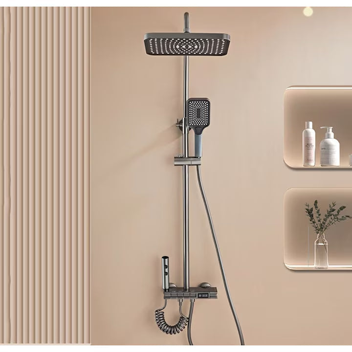 Комплект кран за душ AOVO, с дигитален дисплей, душ слушалка Rainfall, ръчен душ с 3 режима, 2-функционална струя за биде и кран за вана, сив