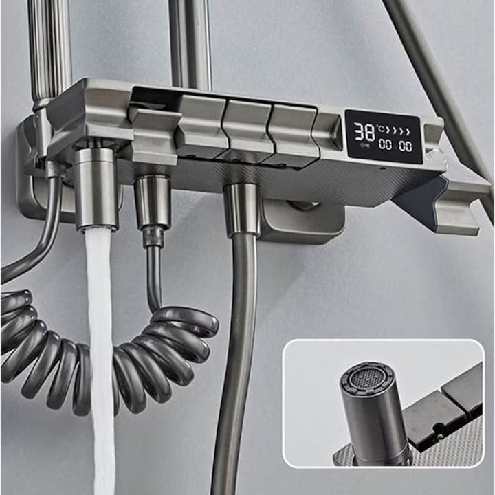 Комплект кран за душ AOVO, с дигитален дисплей, душ слушалка Rainfall, ръчен душ с 3 режима, 2-функционална струя за биде и кран за вана, сив