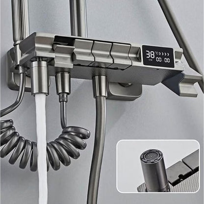 Комплект кран за душ AOVO, с дигитален дисплей, душ слушалка Rainfall, ръчен душ с 3 режима, 2-функционална струя за биде и кран за вана, сив