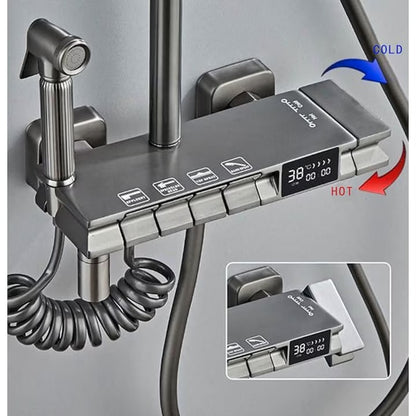 Комплект кран за душ AOVO, с дигитален дисплей, душ слушалка Rainfall, ръчен душ с 3 режима, 2-функционална струя за биде и кран за вана, сив