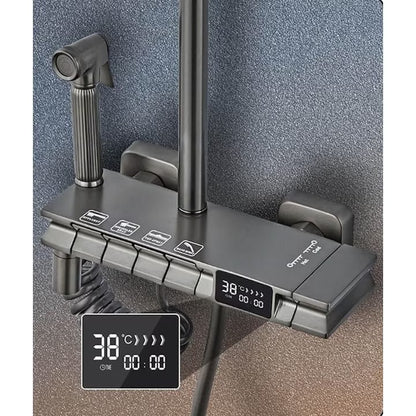 Комплект кран за душ AOVO, с дигитален дисплей, душ слушалка Rainfall, ръчен душ с 3 режима, 2-функционална струя за биде и кран за вана, сив