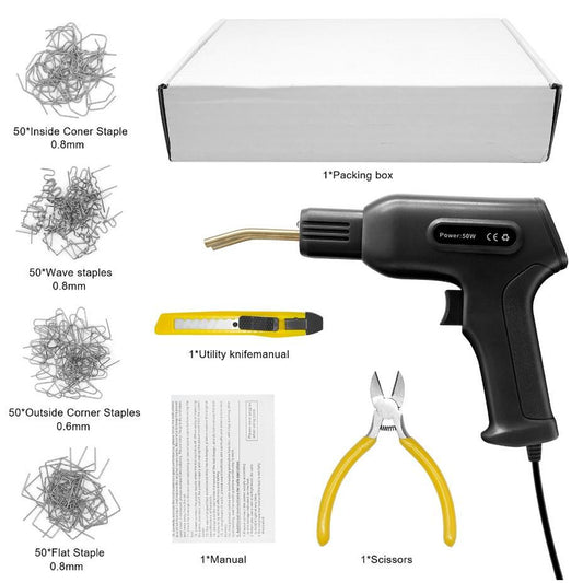 Пистолет със скоби за лепене на пластмаса +  подарък клещи и макетен нож