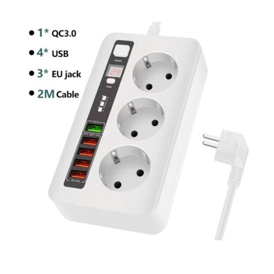 Разклонител 3 гнезда и 5 USB порта, FastCharge, С ключ, 3000W, 10А -таймер
