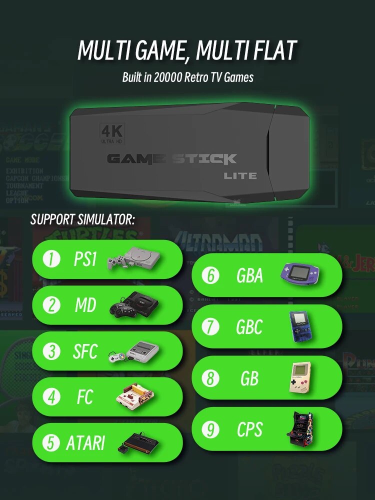 Безжична ретро конзола Game Stick , 20 000 видео игри, 9 емулатора, 64 GB, 2x безжичен контролер 2,4 GHz 4K Ultra Game