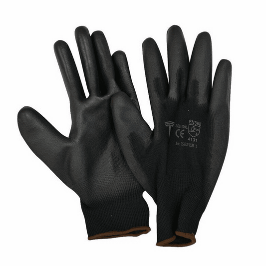 12 чифта Работни ръкавици с ластичен маншет, изработени от полиестерно трико, потопени в полиуретан