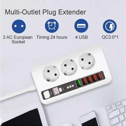 Разклонител 3 гнезда и 5 USB порта, FastCharge, С ключ, 3000W, 10А -таймер