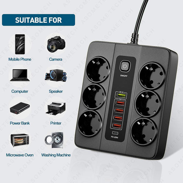 Универсален разклонител с 6 гнезда,3.4А, 5 USB порта и 1 Type-C портала, 3000W, Power Socket QC3.0.