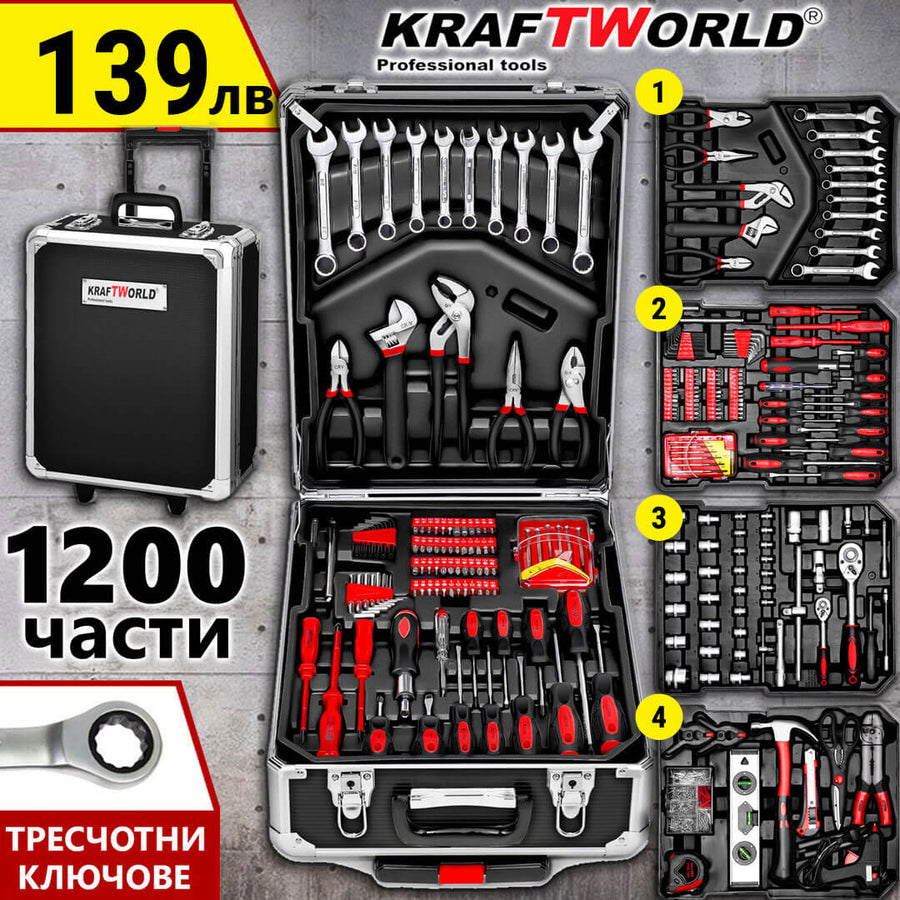 Куфар с инструменти 1200 части KraftWorld – тресчотни ключове,тресчотка, клещи, отвертки