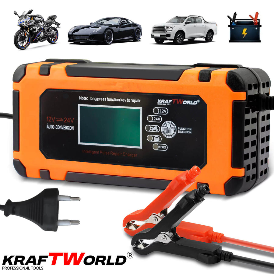 Автоматично зарядно за акумулатори KraftWorld 12V с LCD дисплей и ремонтен режим